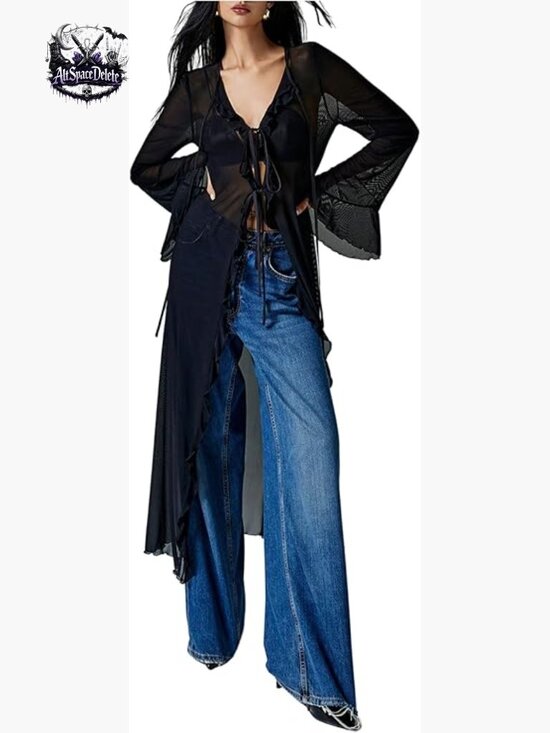 Tops - Mesh Tie Front Blouse Bell Sleeve Ruffle Goth Y2K Top